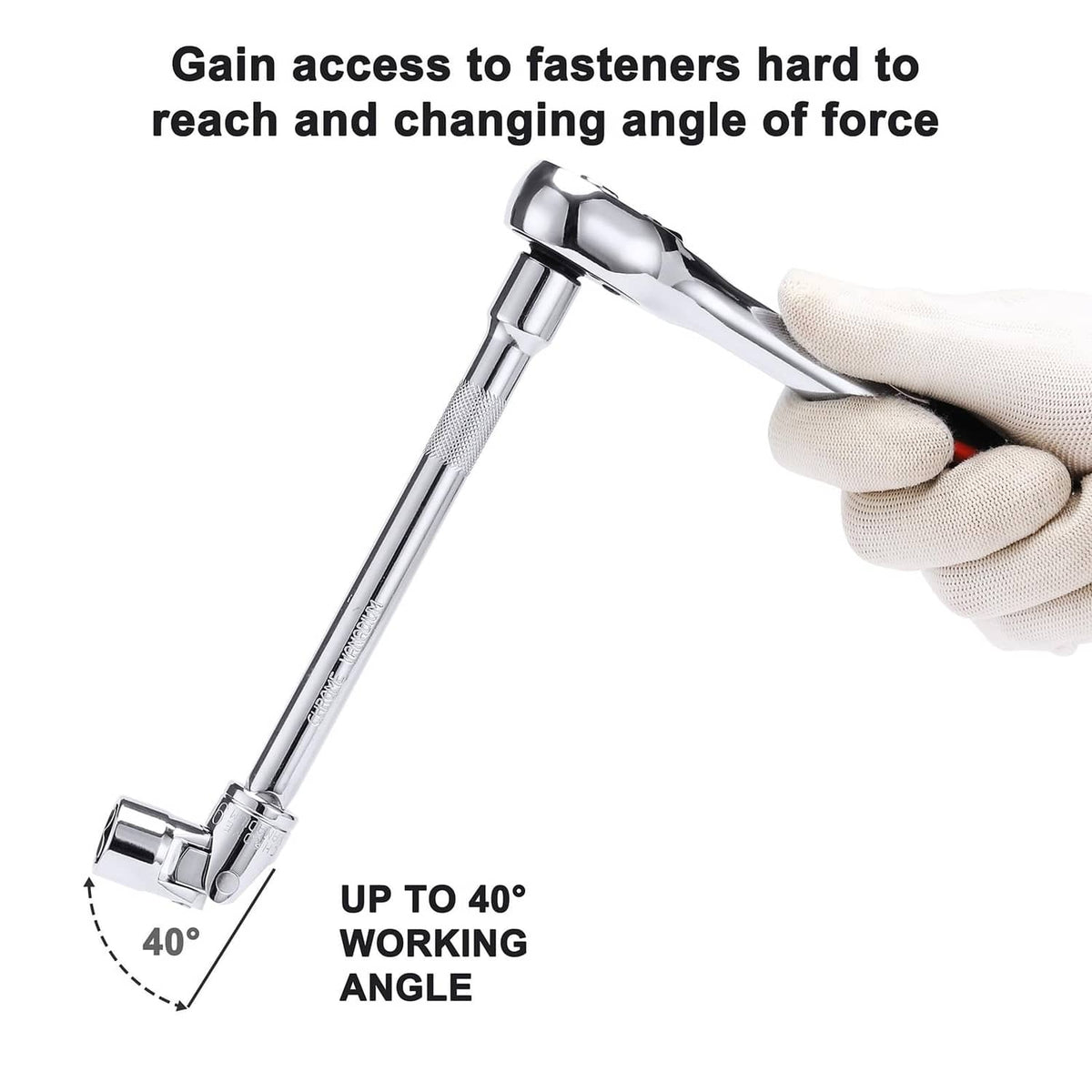 Chrome swivel socket extension demonstrating up to 40-degree working angle