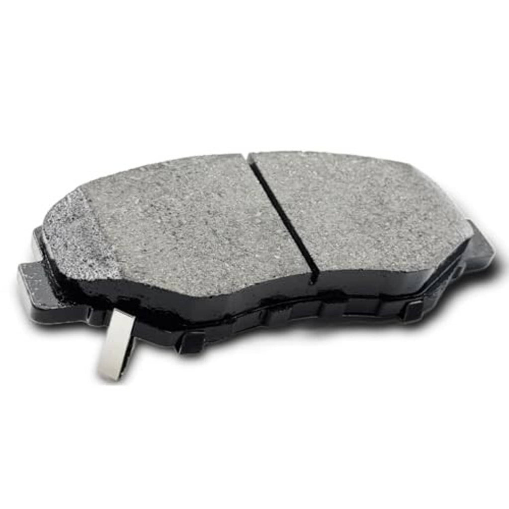 Gray ceramic brake pad with black backing and side metal clips