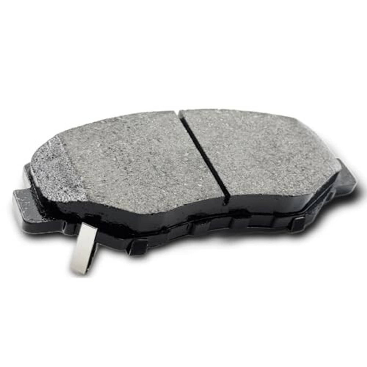 Gray ceramic brake pad with black backing and side metal clips