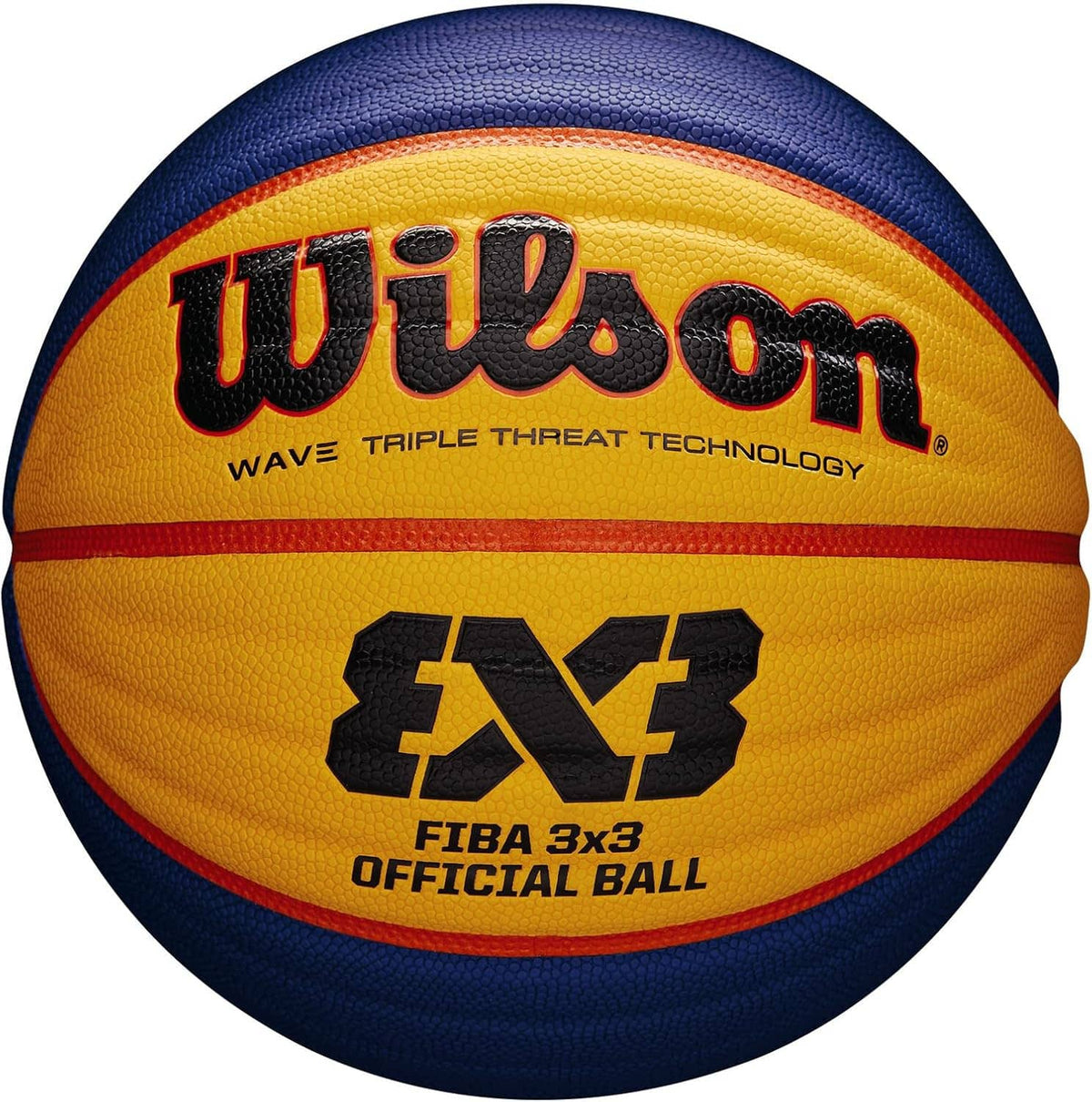 Wilson FIBA 3x3 official basketball, blue outer rim and yellow face with FIBA 3x3 text