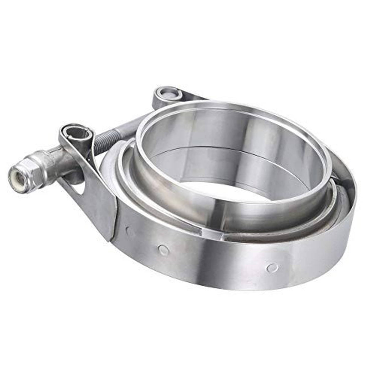 Stainless V-band clamp with flanges, visible bolt and threaded tightening rod