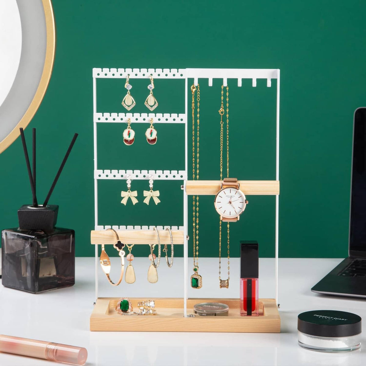 Jewelry organizer stand with four levels, bamboo watch holder and hanging earrings