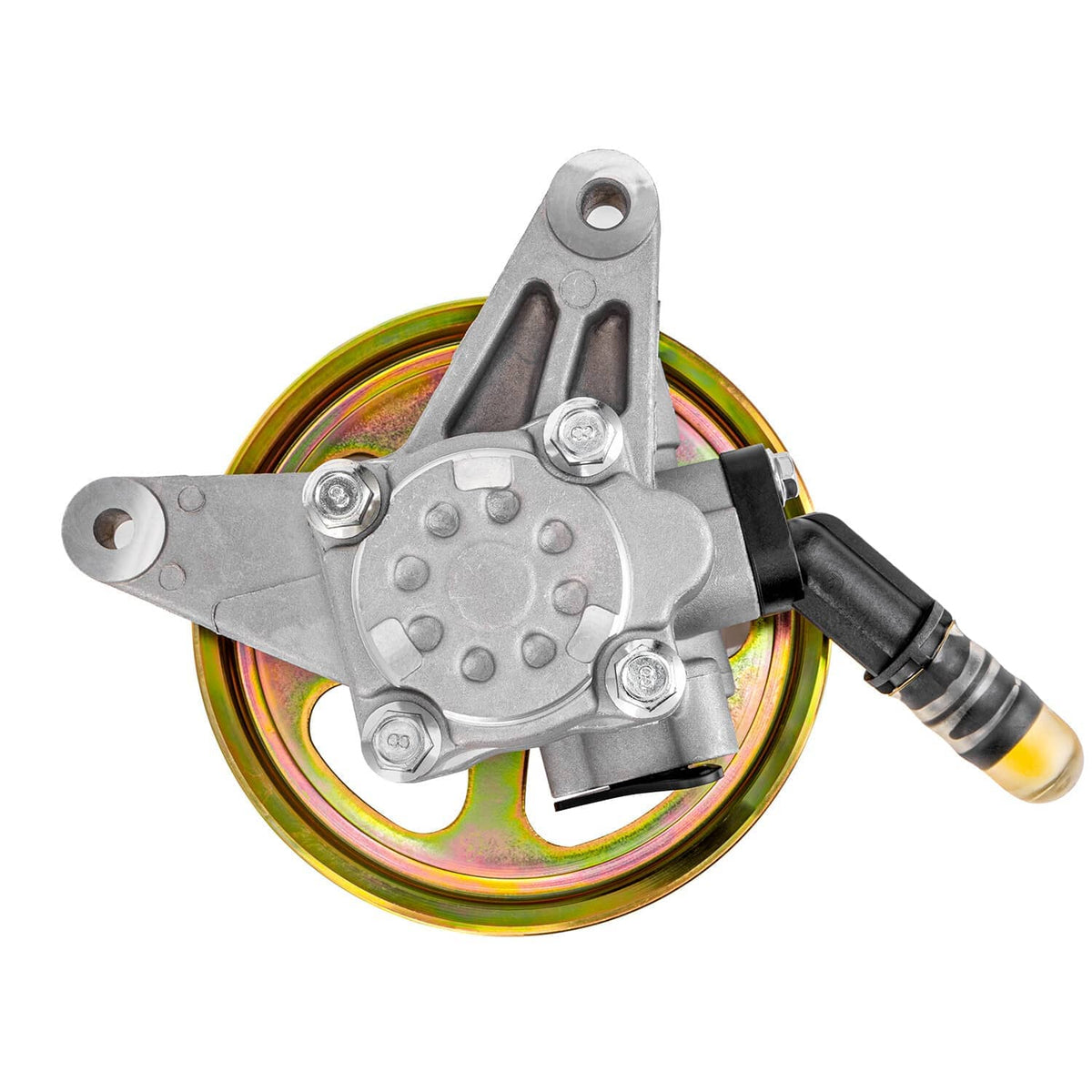 Power steering pump with pulley and mounting bracket, with visible metal housing bolts