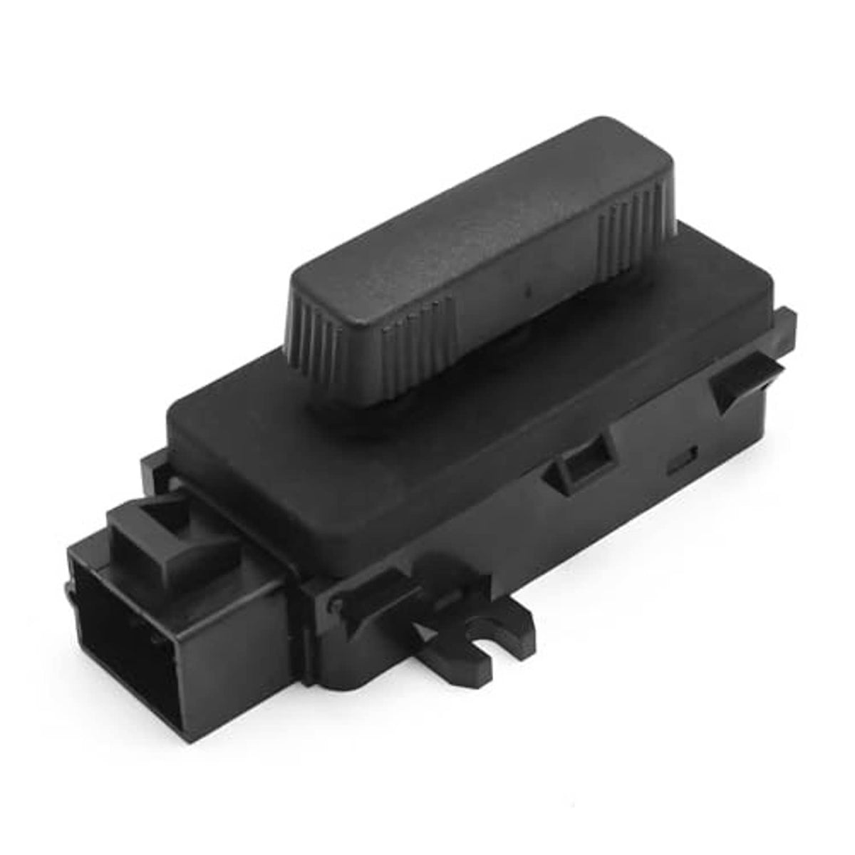 Black power seat adjustment switch module shown from rear with side latch tabs
