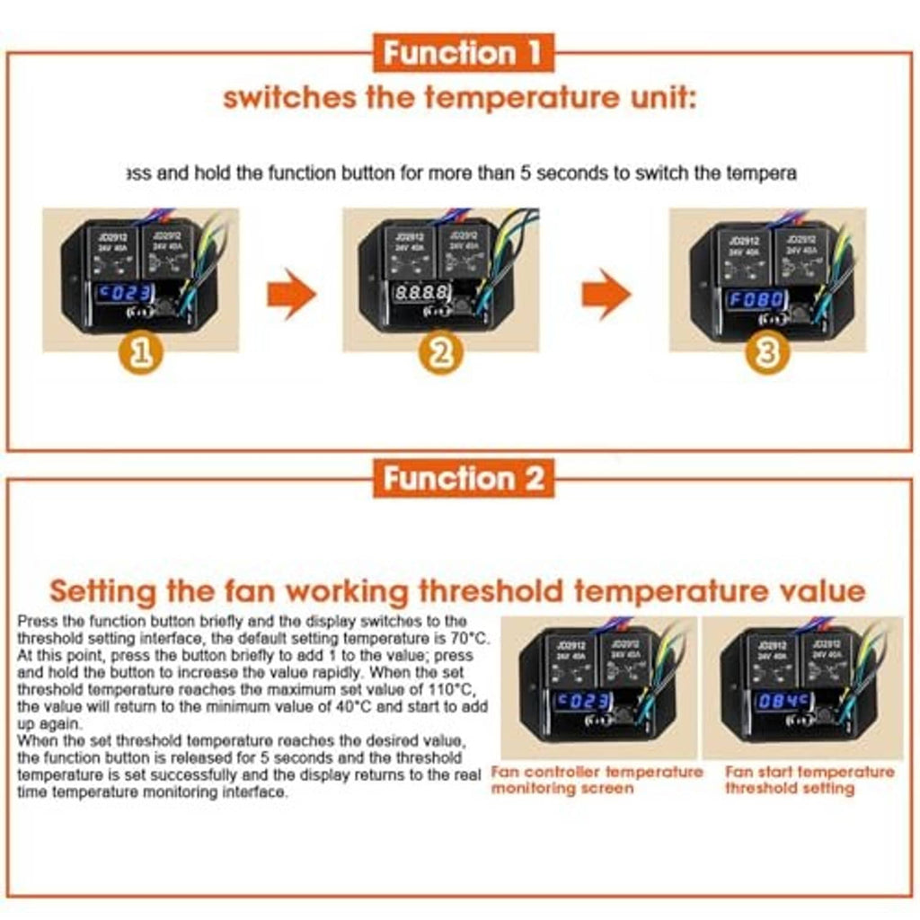 Instruction chart for fan controller switch: temperature unit switching and fan threshold settings