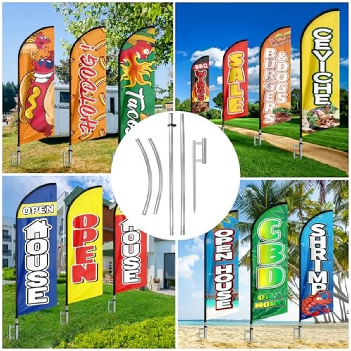 Feather flags set on silver windless poles with ground stakes for outdoor display
