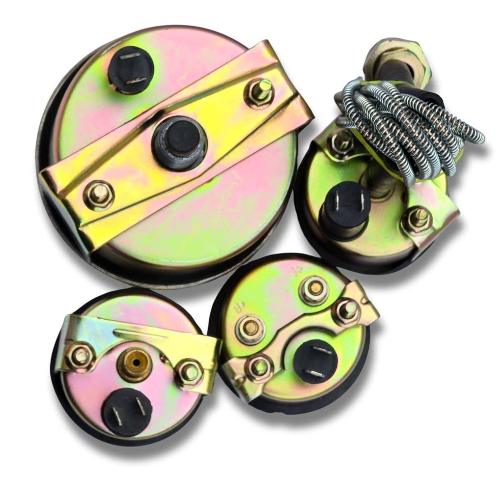 Multi-gauge tractor set with rainbow-chrome bezels and black control caps