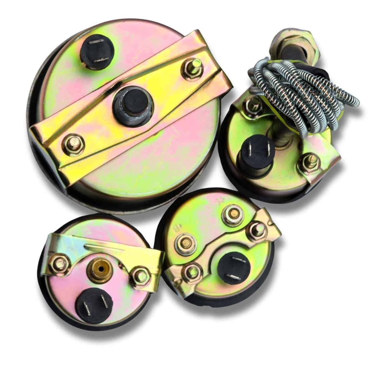 Multi-gauge tractor set with rainbow-chrome bezels and black control caps