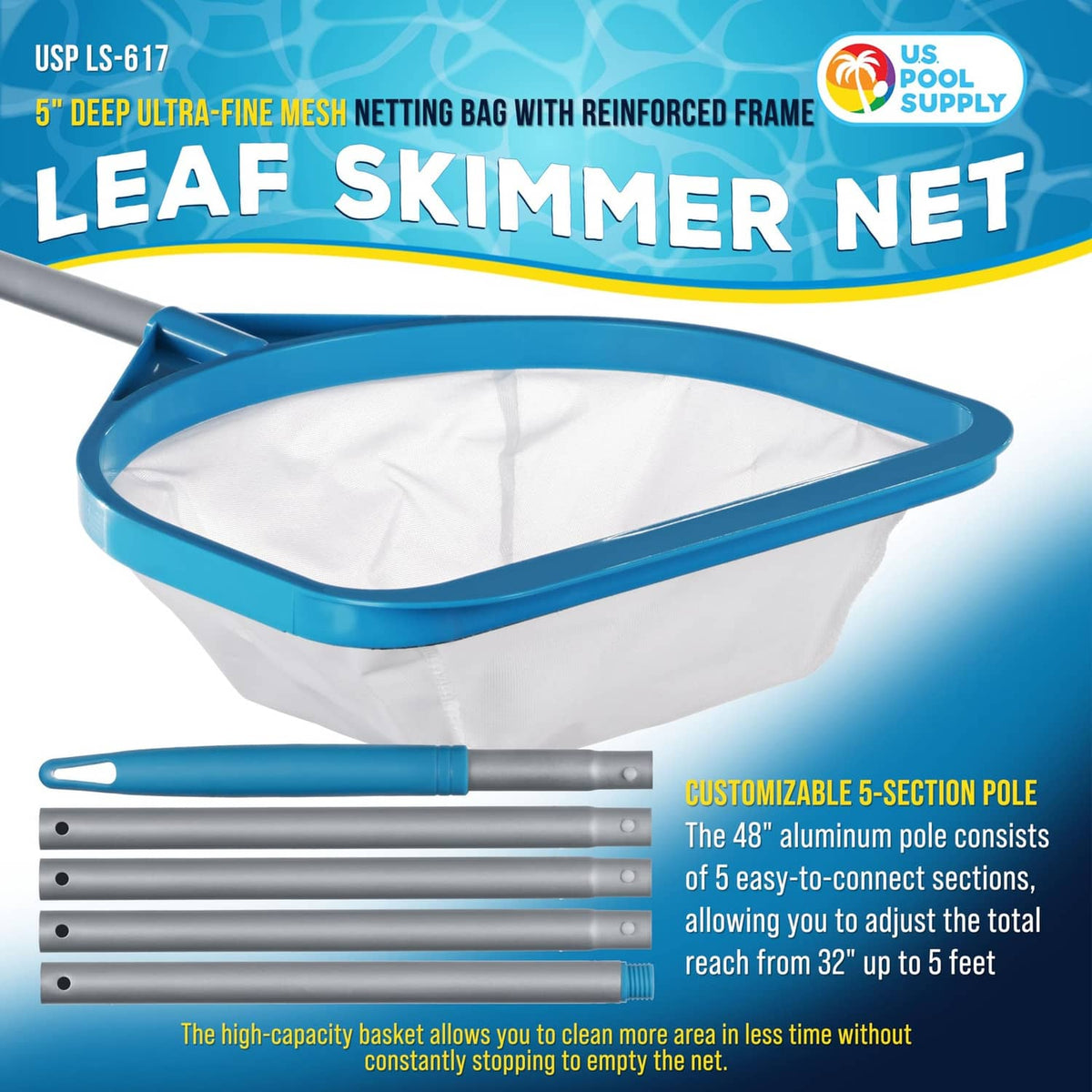 Teal leaf skimmer net with white mesh bag and adjustable multi-section aluminum pole.