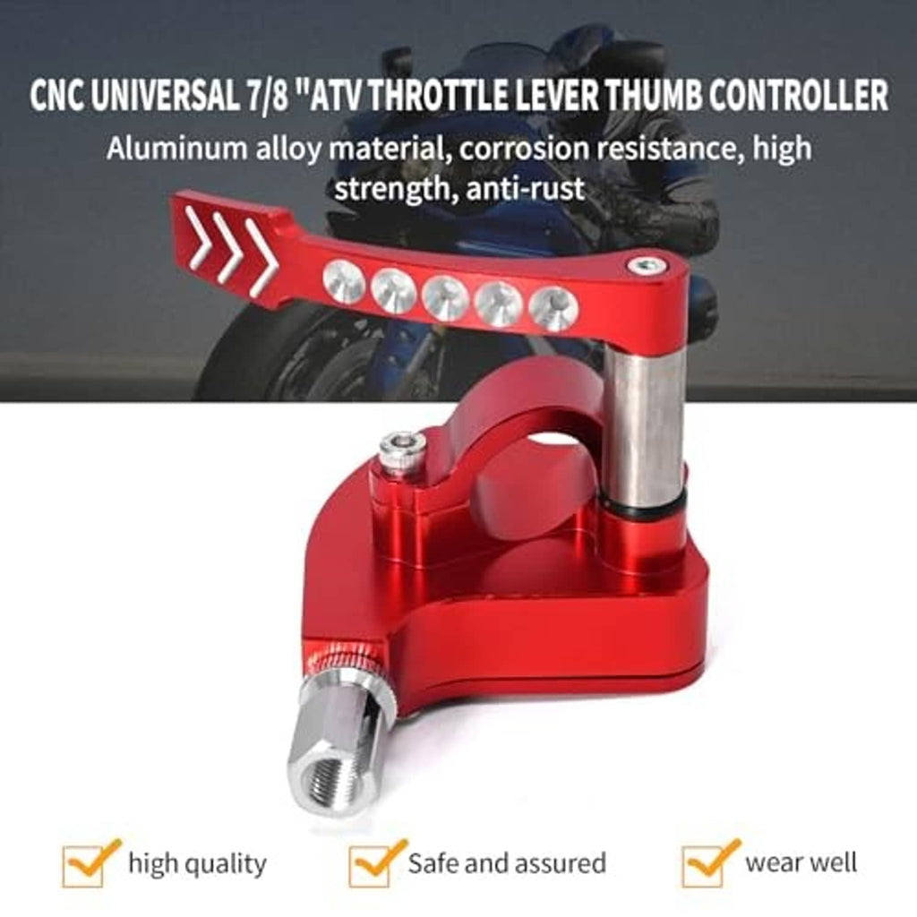 Red ATV throttle thumb controller with silver lever post and circular top housing