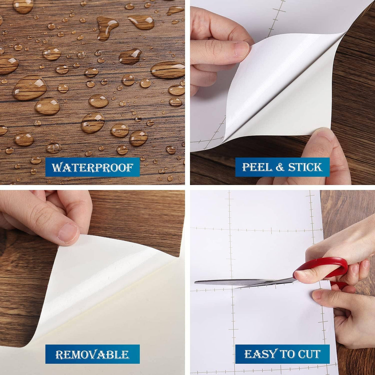 Brown wood-grain contact paper being peeled and smoothed onto a surface