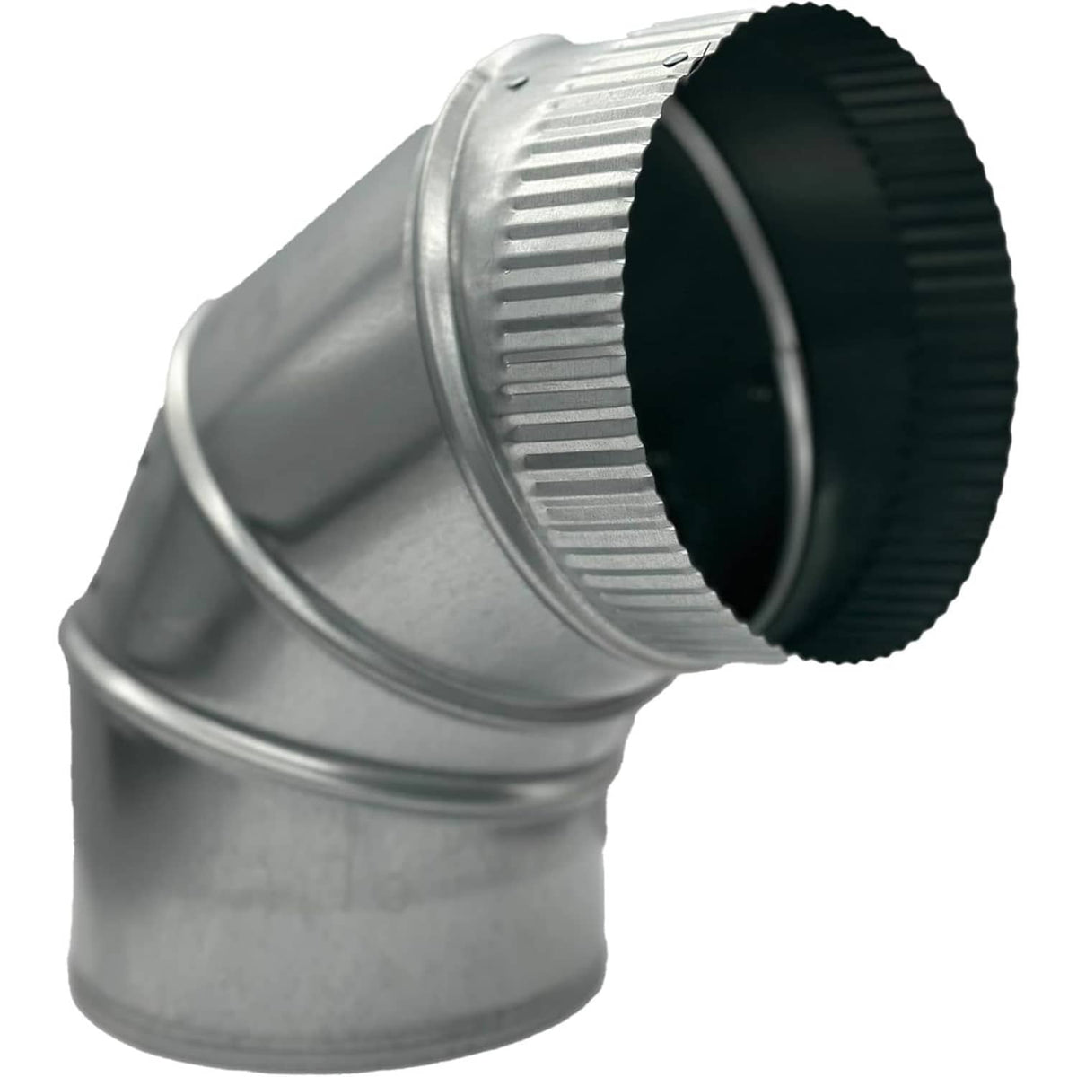 Galvanized steel 90° duct elbow with black flanged end, 4 in opening