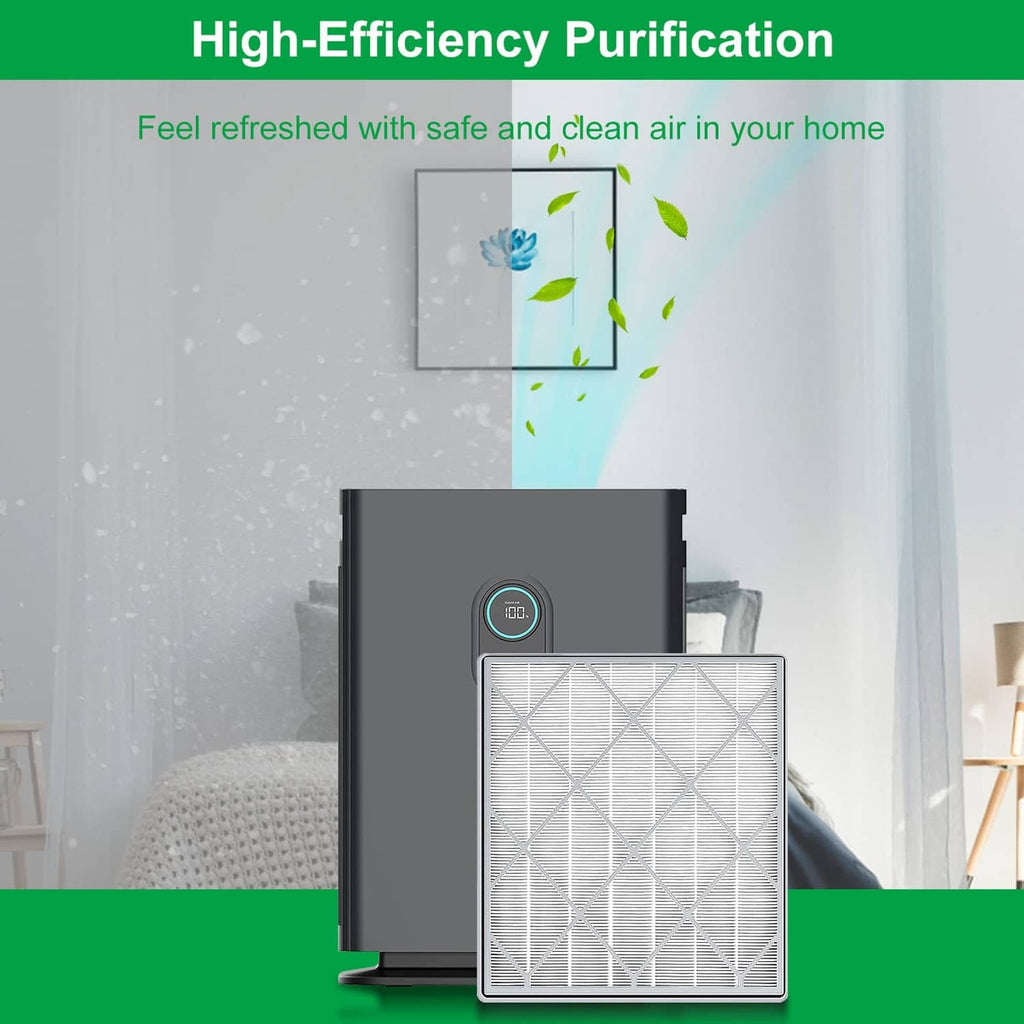 Air purifier replacement filter in gray frame with white pleated HEPA-style panel.