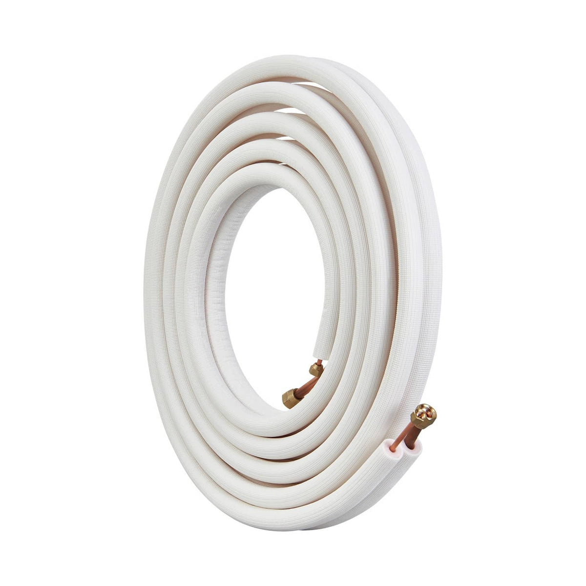 Insulated mini split line set with coiled white tubing and copper end fittings