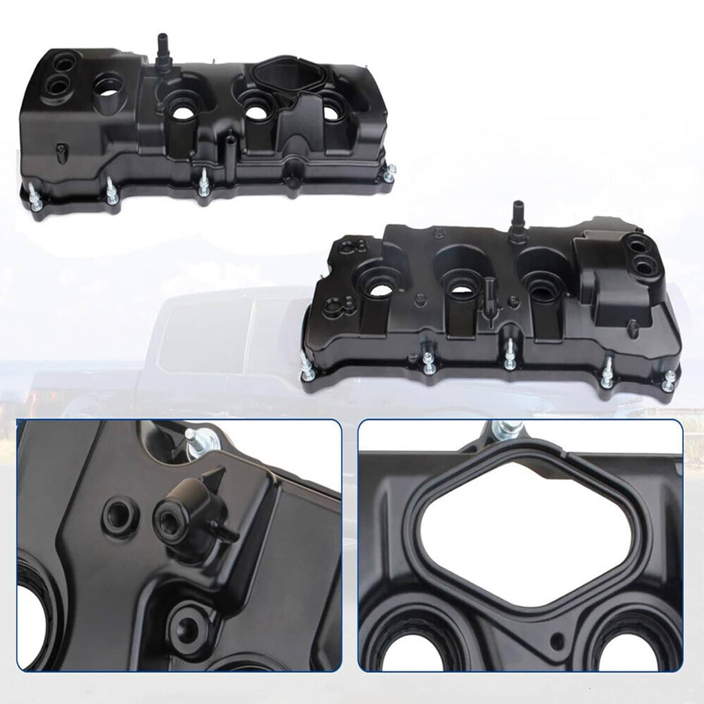Black valve cover set with two engine covers featuring oil cap and circular port openings