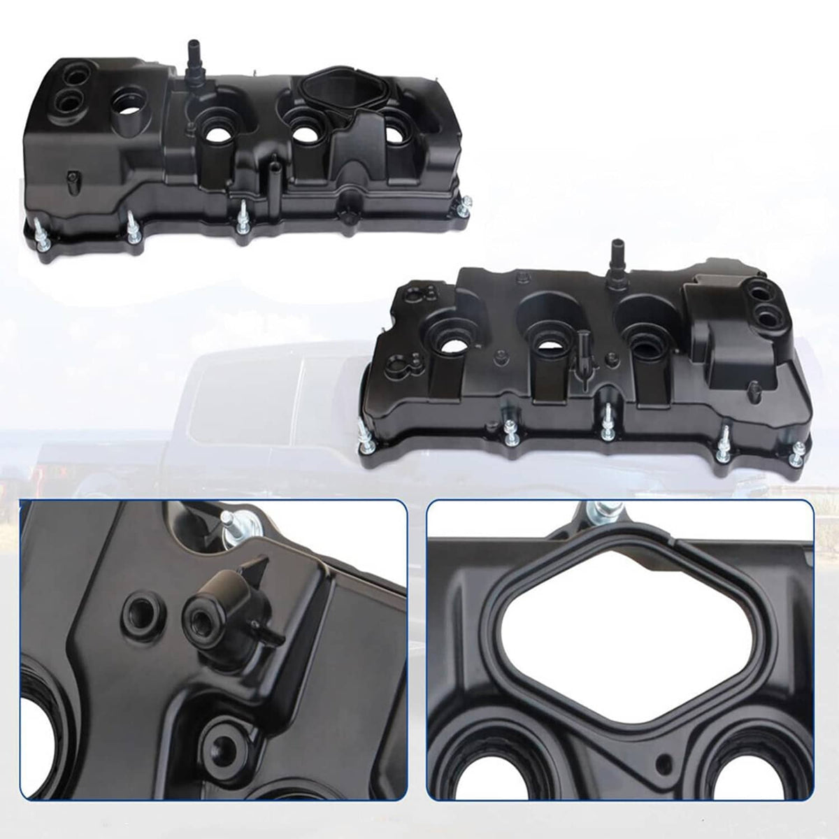 Black valve cover set with two engine covers featuring oil cap and circular port openings