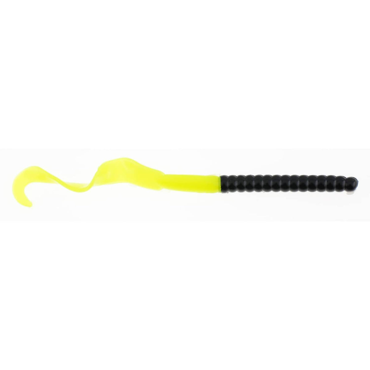 Soft plastic fishing worm, chartreuse tail with black ribbed body