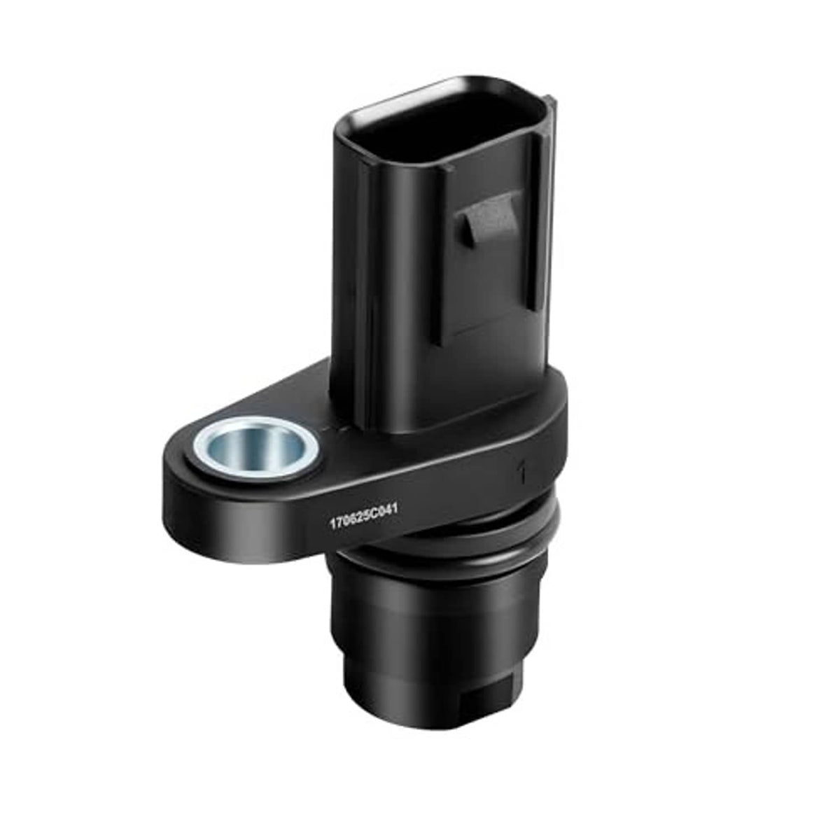 Black camshaft position sensor with tall housing and silver mounting ring, side view