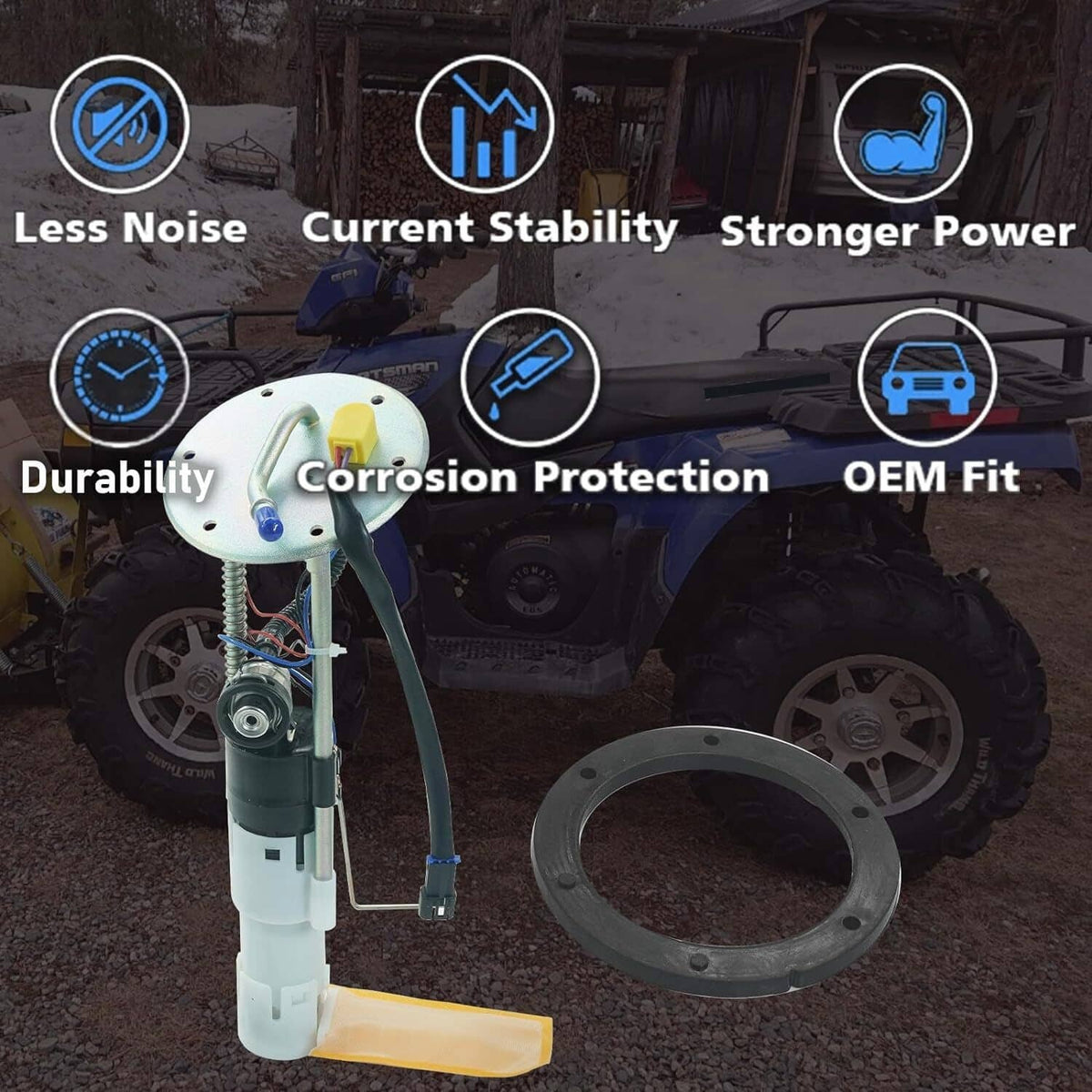 Fuel pump assembly with gasket flange and electrical connector, complete unit