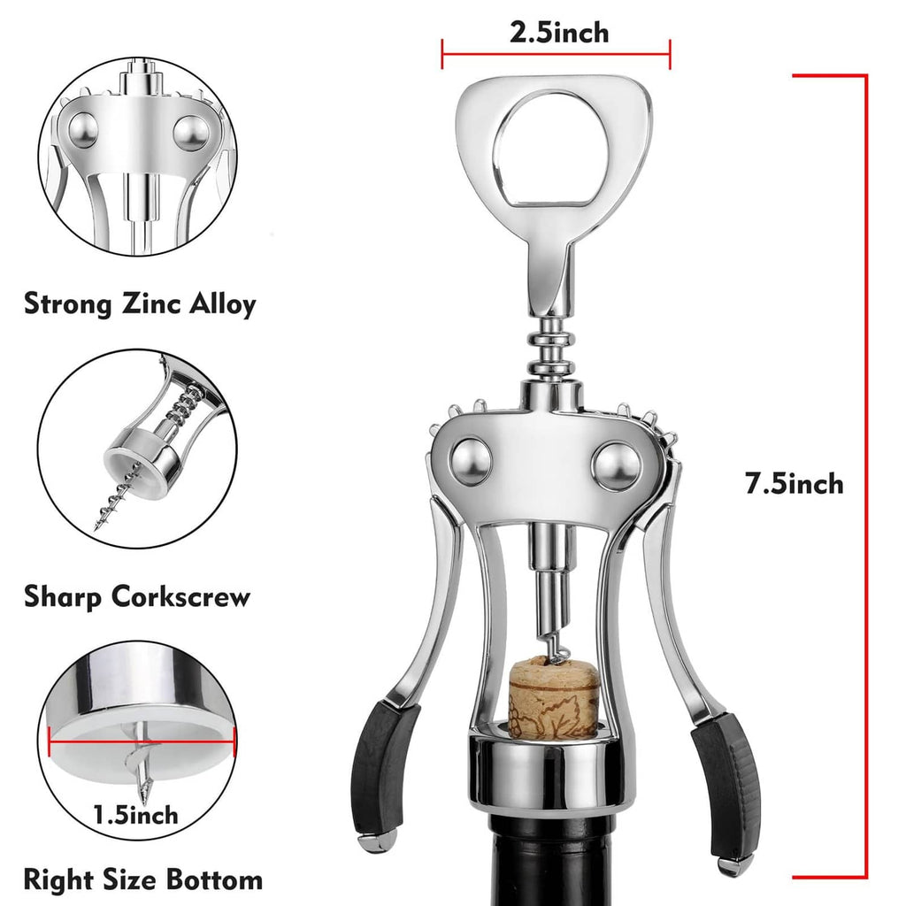 Silver wing corkscrew wine opener with black grips and size diagram overlay
