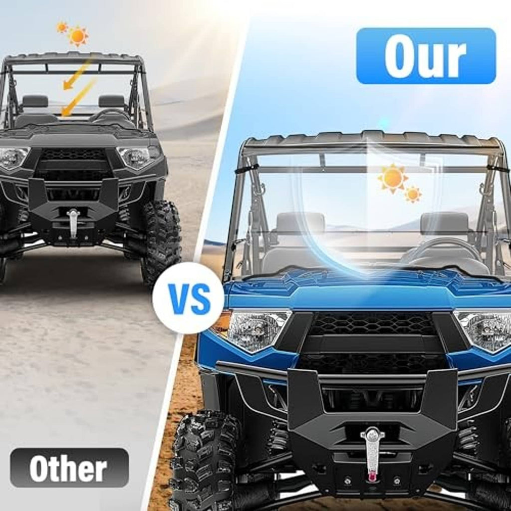 Clear front windshield installed on a blue off-road UTV, with steel frame