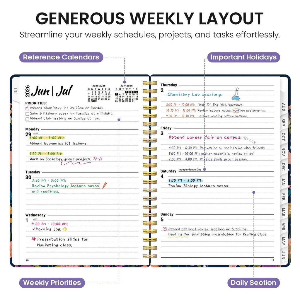 Weekly layout pages in academic planner with priorities and daily schedule sections