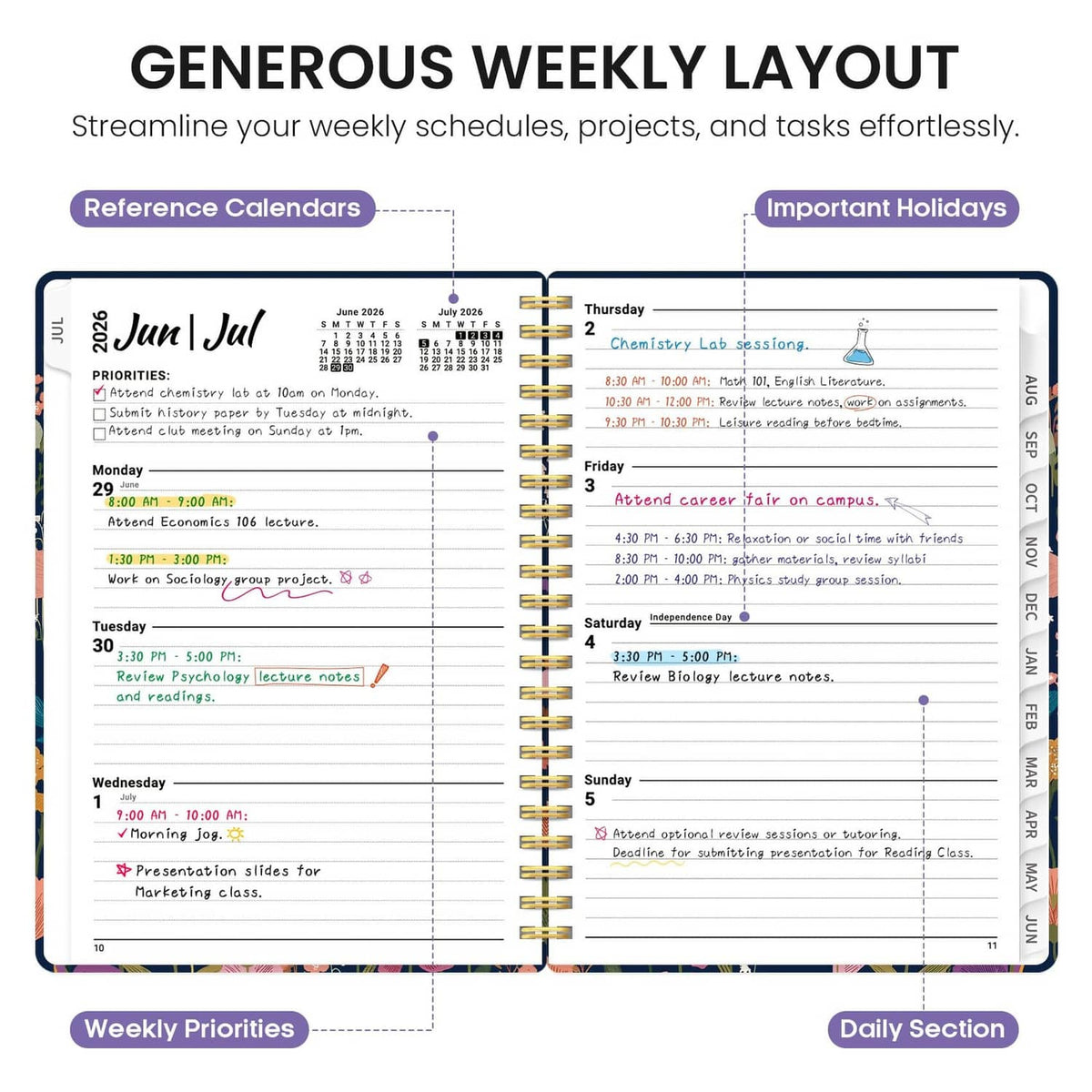 Weekly layout pages in academic planner with priorities and daily schedule sections