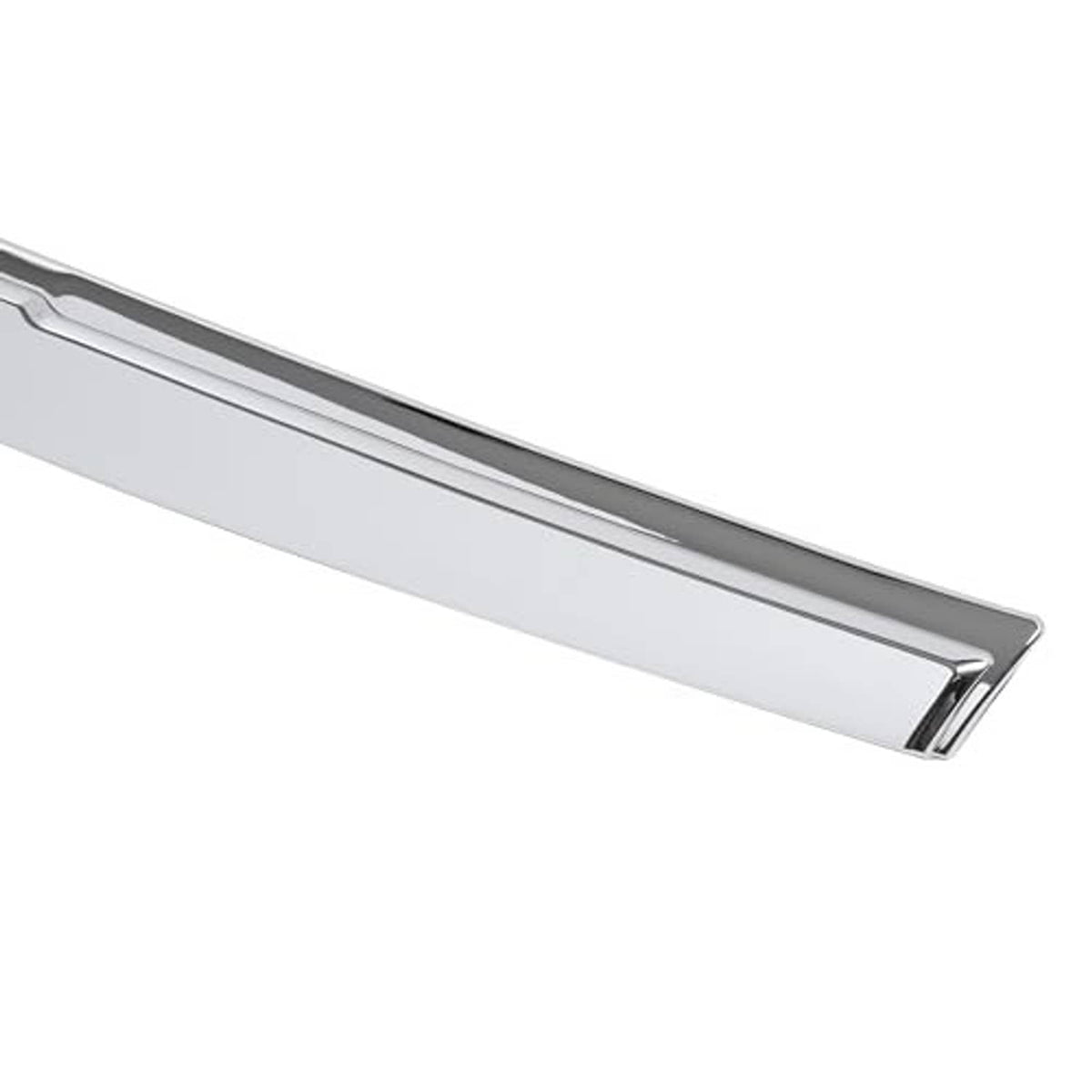 Silver hood grille trim molding, close-up of glossy chrome edge and channel