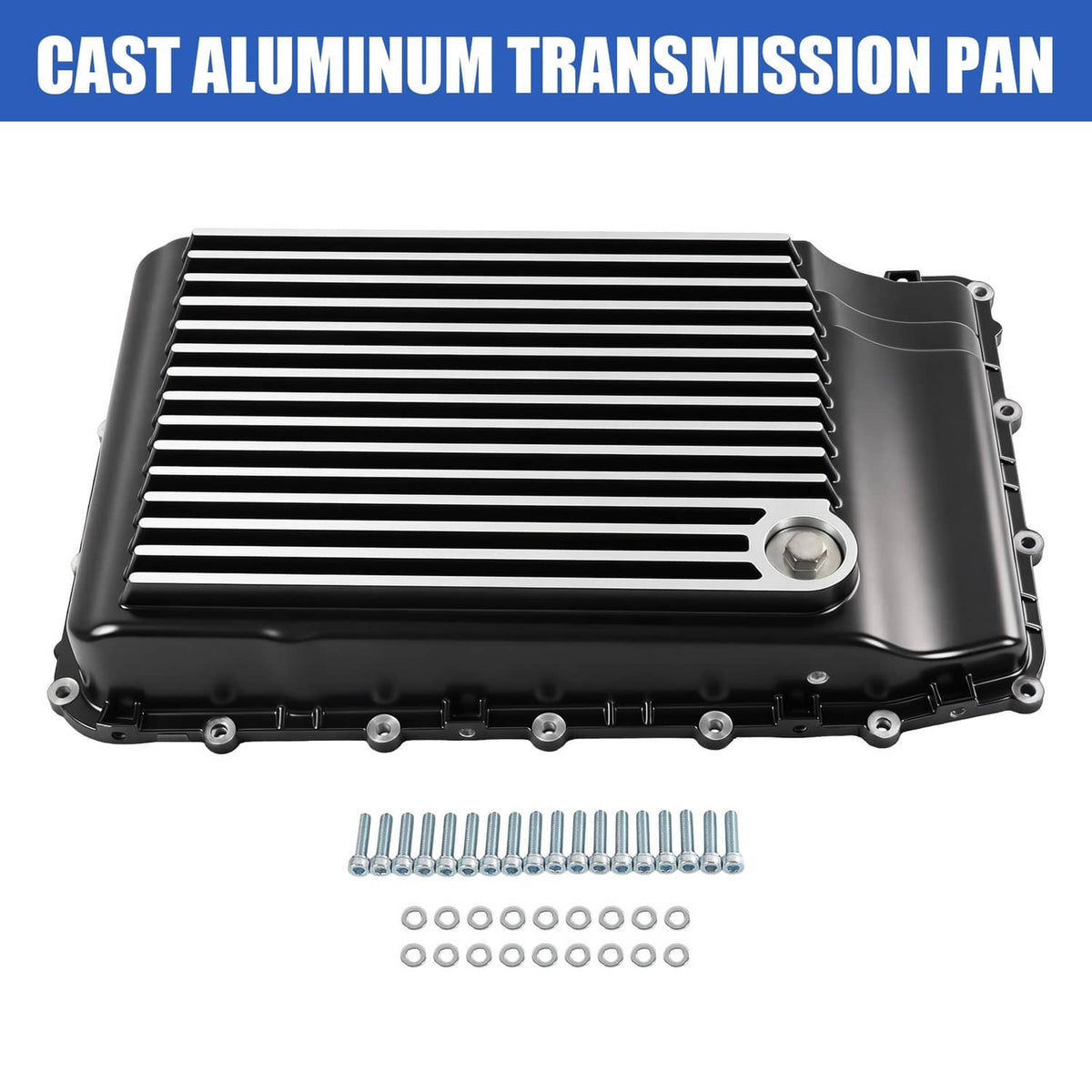 Cast aluminum transmission pan in black with cooling grille and included hardware