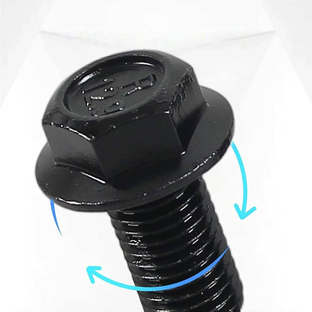 Black flexplate bolt with hex head and threaded shaft, arrow detail