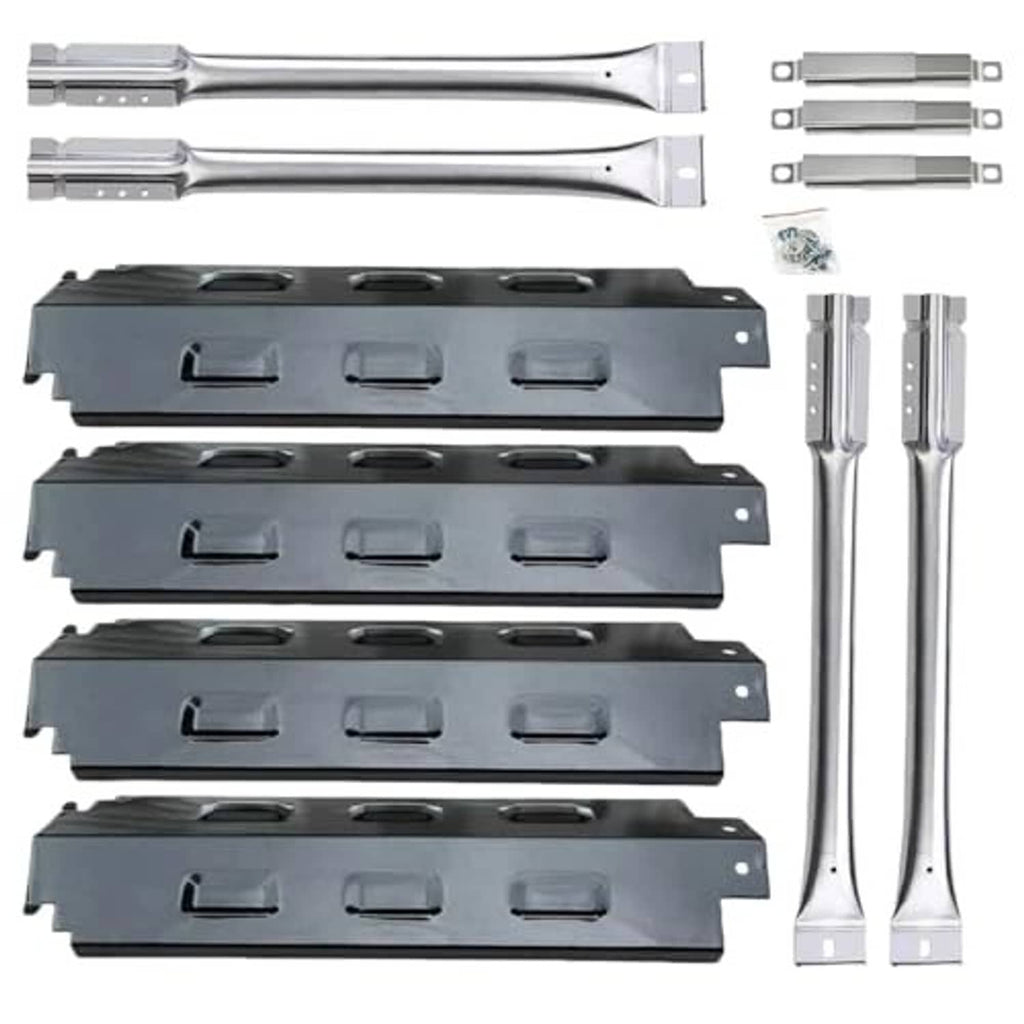 Four black burner heat plates and stainless crossover burner rods with mounting brackets