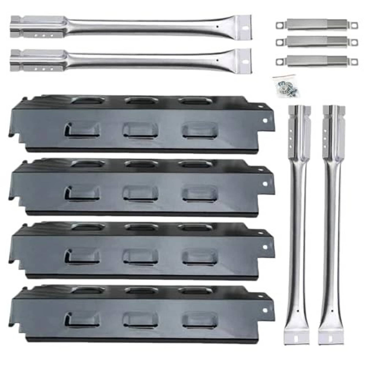 Four black burner heat plates and stainless crossover burner rods with mounting brackets