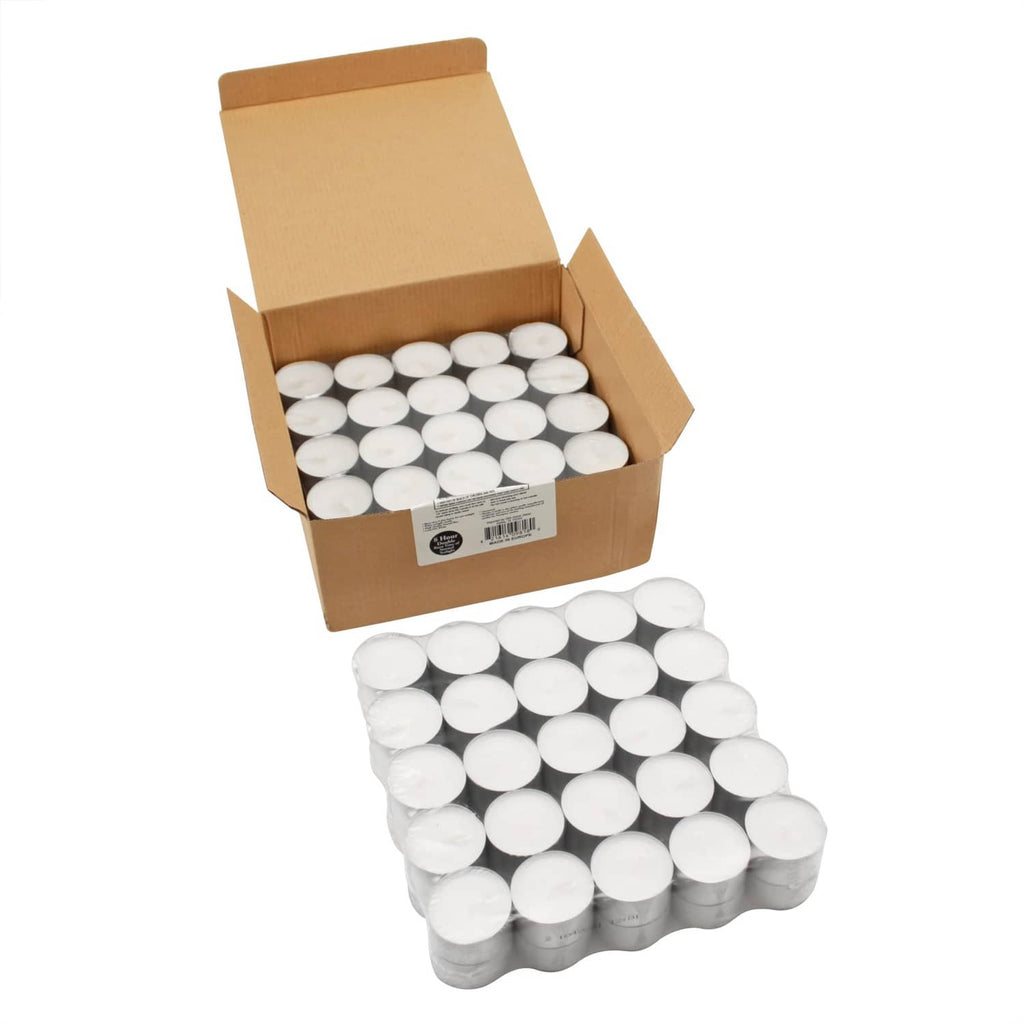 Bulk pack of white unscented tea lights in a cardboard tray and open box