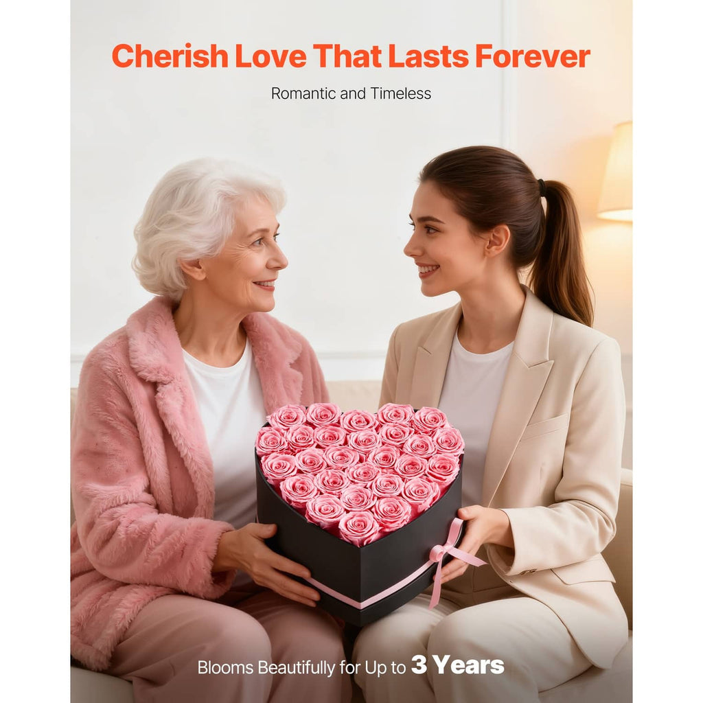 Heart-shaped rose gift box with pink preserved roses, held by two people