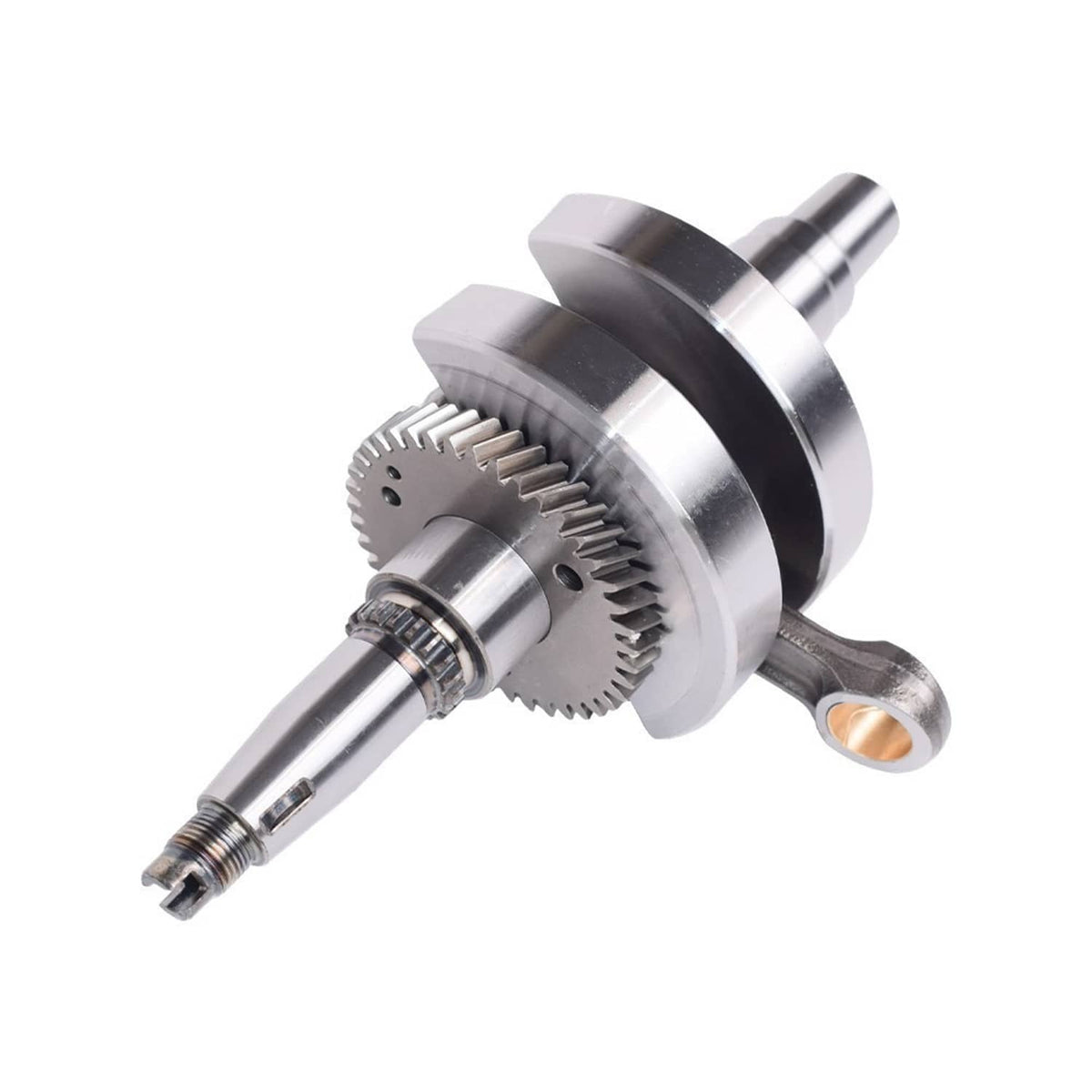 ATV crankshaft with sprocket gears, steel shaft, and connecting rod cap