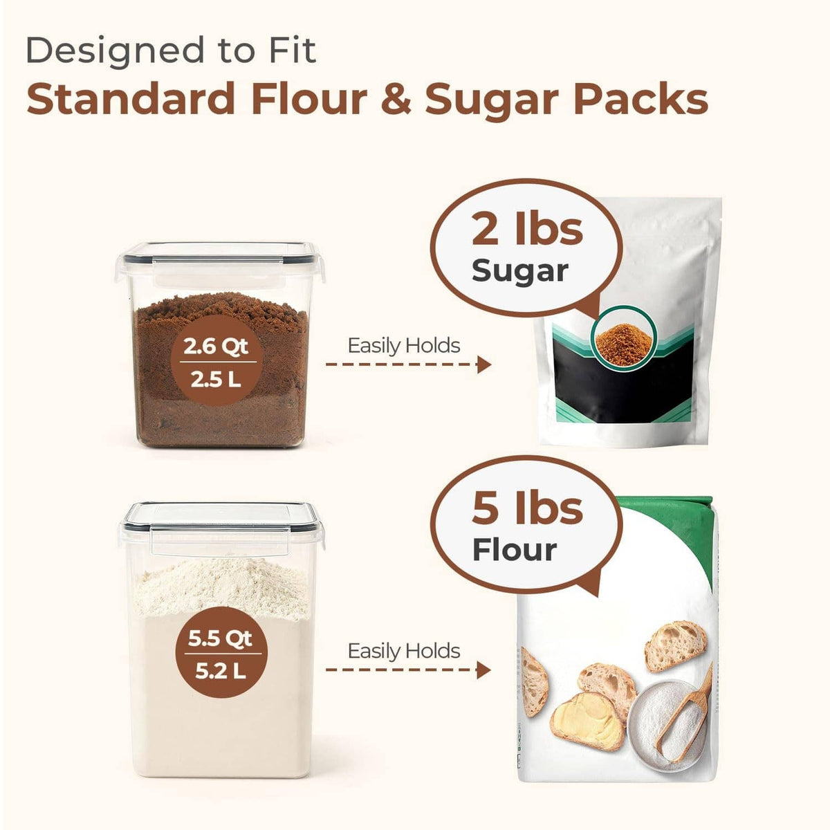 Square airtight flour and sugar containers with clear lids, filled with flour and sugar