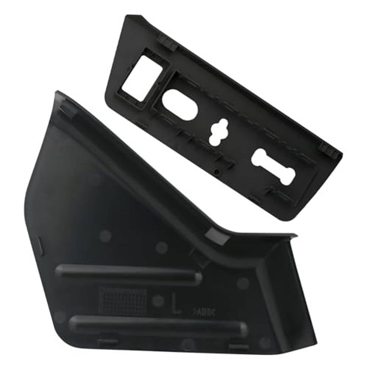 Black underside of seat trim panel with molded channels and openings