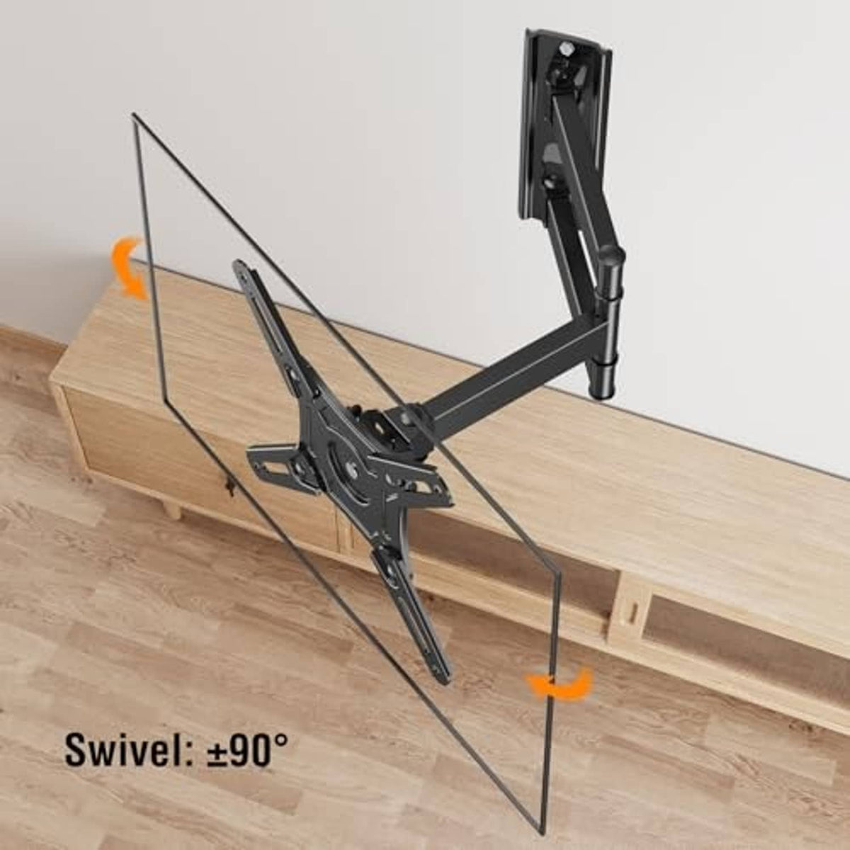 Full-motion TV wall mount bracket with swivel movement on a wooden cabinet