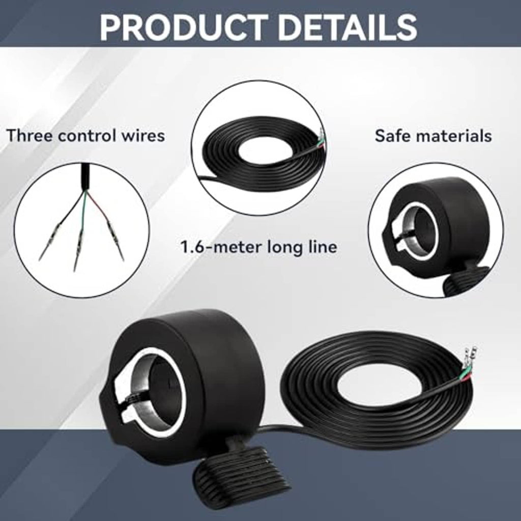 Thumb throttle controller details: cylindrical black housing and coiled control wire
