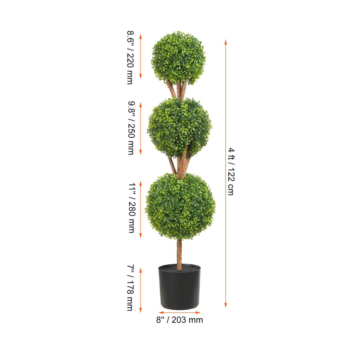 4 ft artificial topiary tree with stacked round green foliage and black planter pot