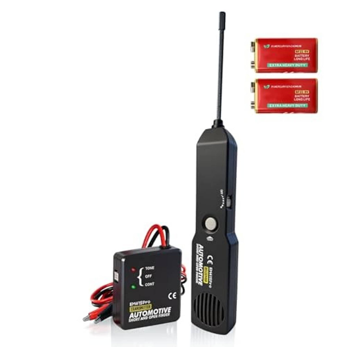 Automotive wire tracer probe and receiver with red test leads and included batteries