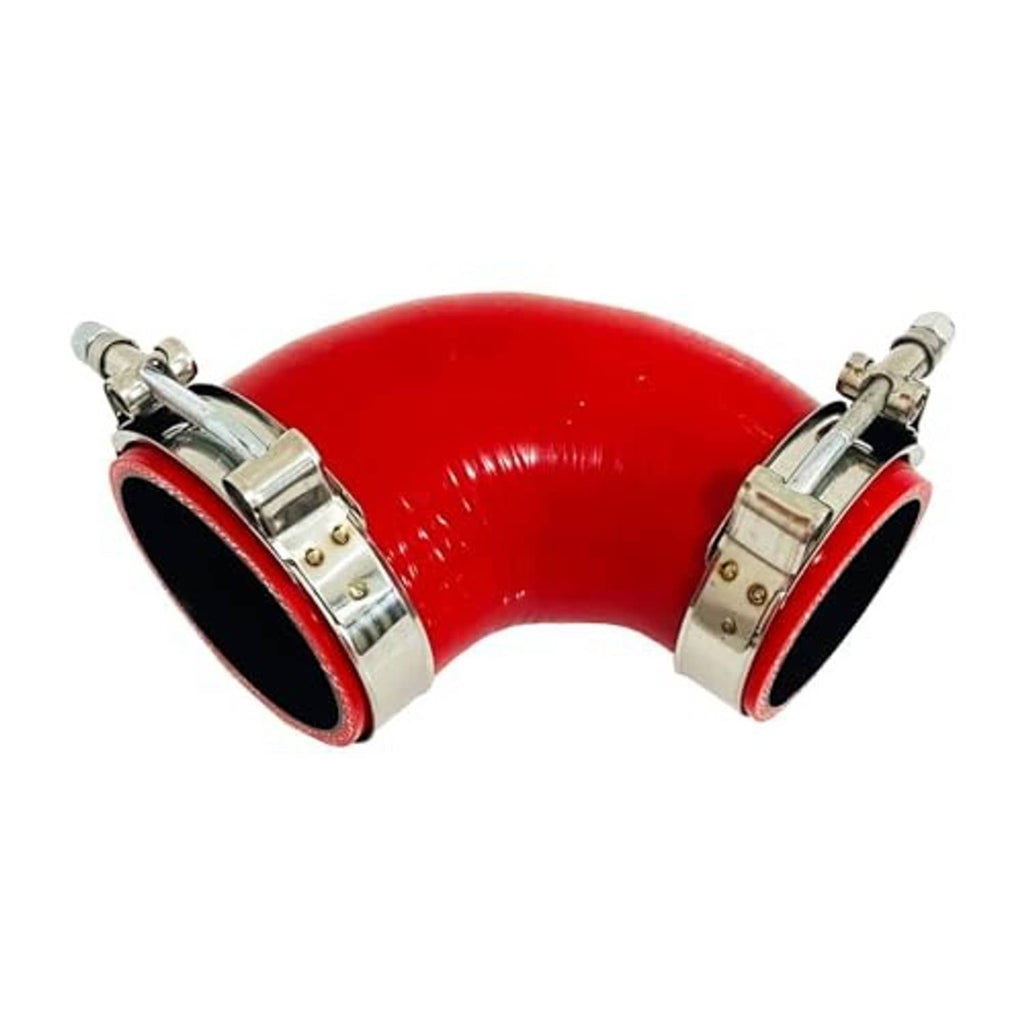 Red 90-degree silicone hose reducer with two chrome band clamps