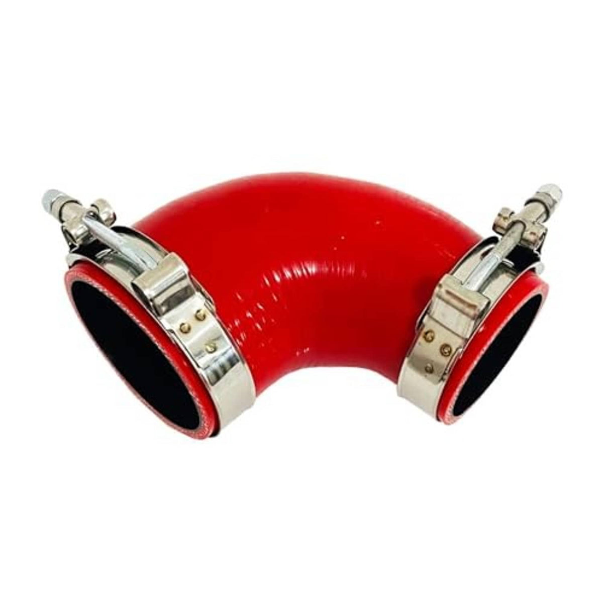 Red 90-degree silicone hose reducer with two chrome band clamps