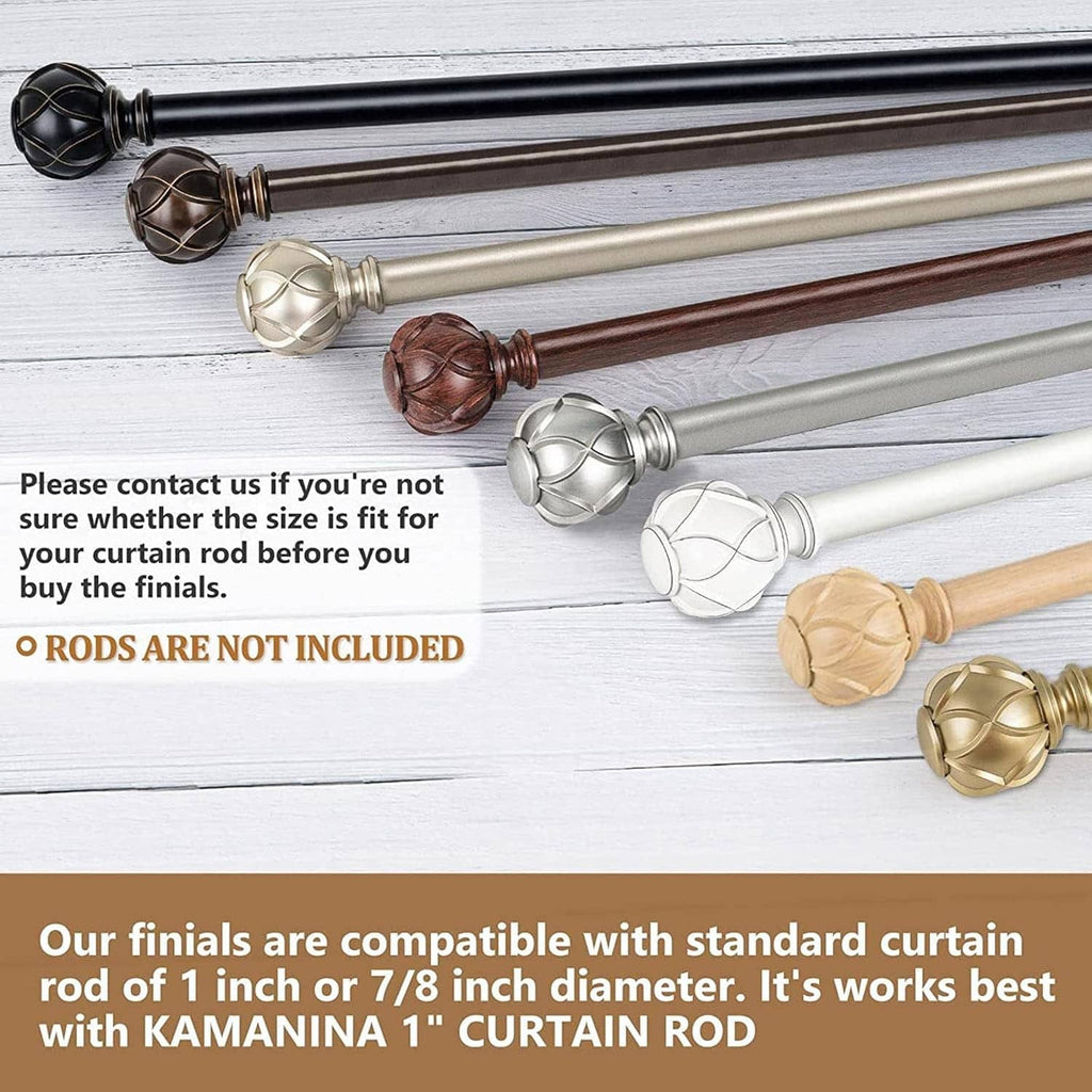 Decorative curtain rod finials with diamond grille accents in bronze and gold tones