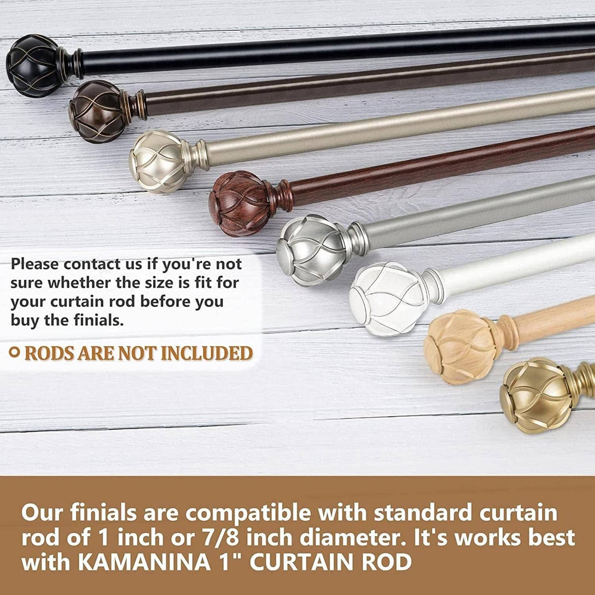 Decorative curtain rod finials with diamond grille accents in bronze and gold tones