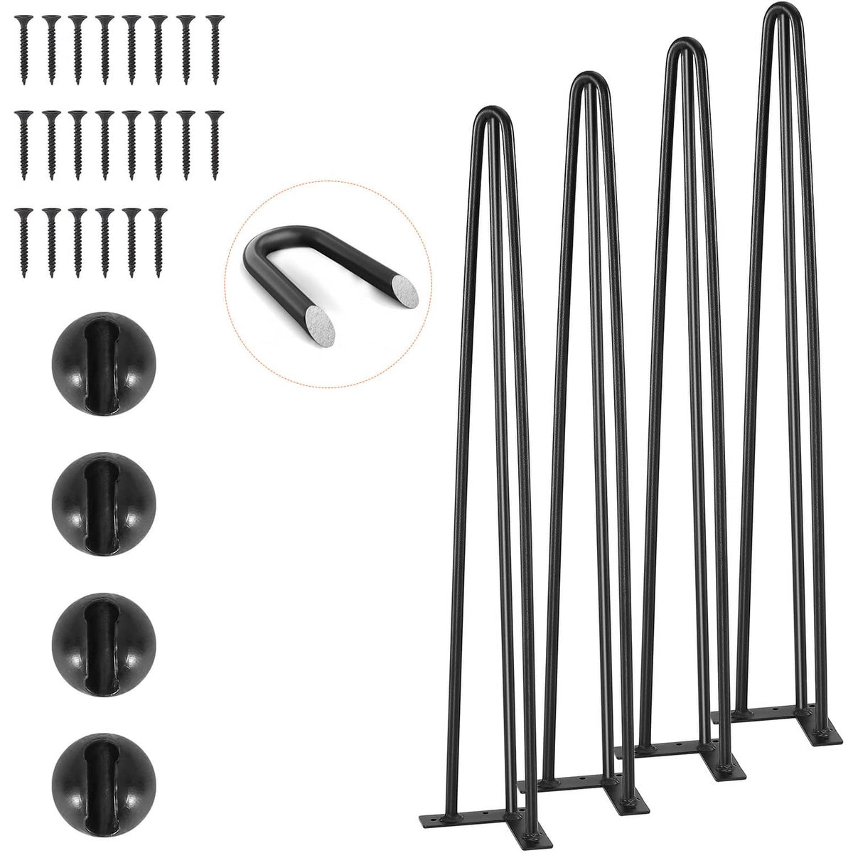 Set of 4 black steel hairpin table legs with flat base feet and mounting caps