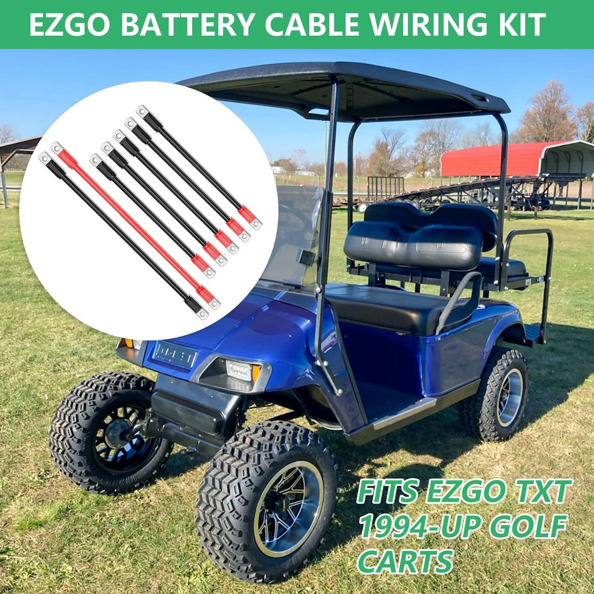 Golf cart battery cable wiring kit installed on an EZGO golf cart with red and black cables