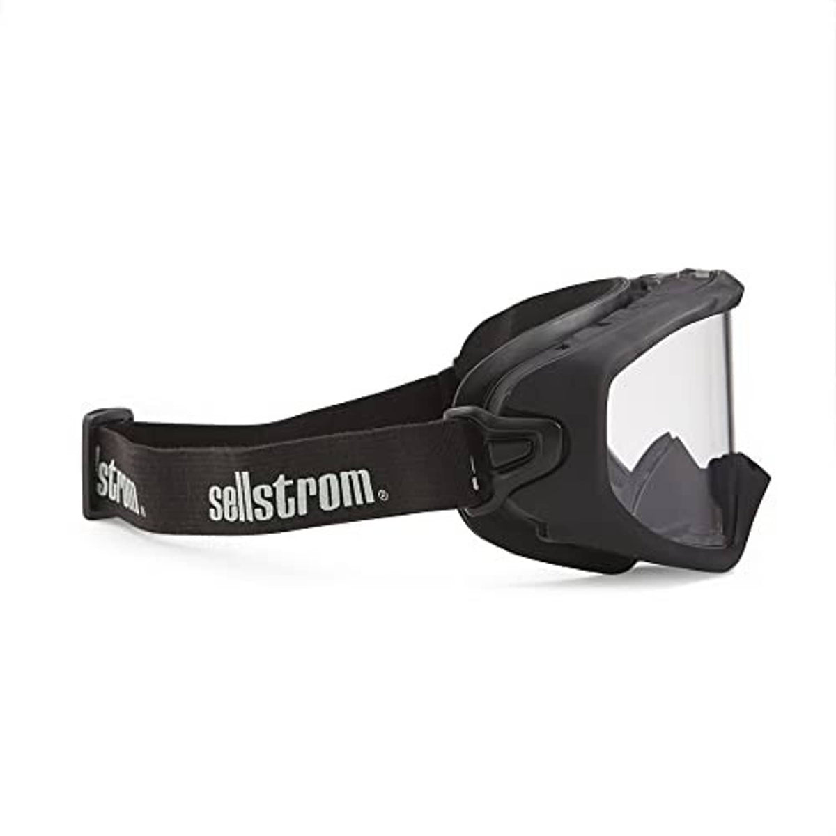 Side view safety goggles with black strap and clear shield lens.