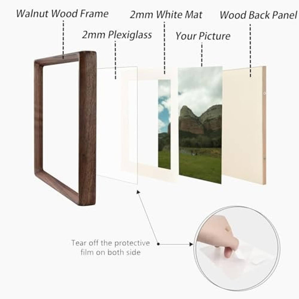 Walnut wood picture frame with white mat, clear plexiglass, and wood back.