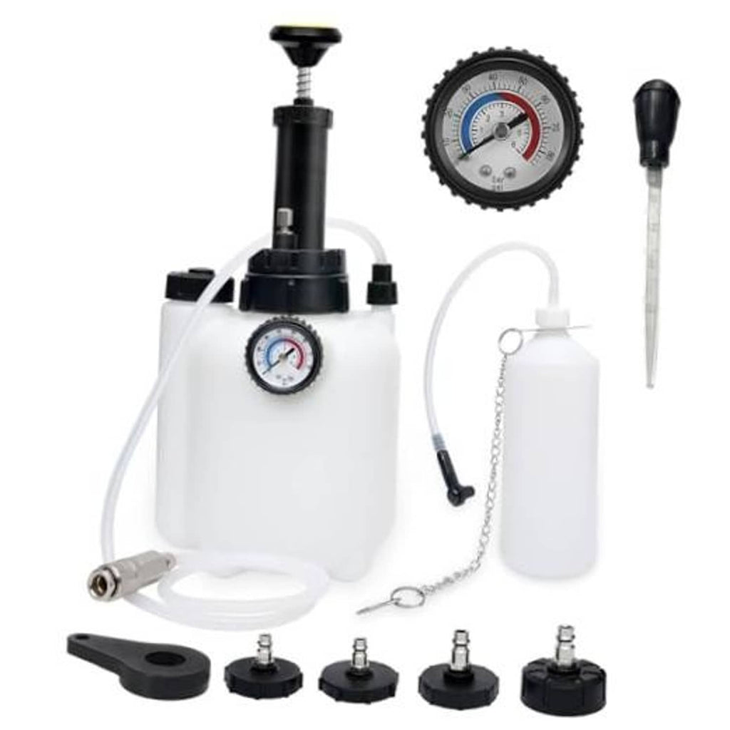Brake bleeder pressure pump kit with gauge, catch bottle, hose, and adapters